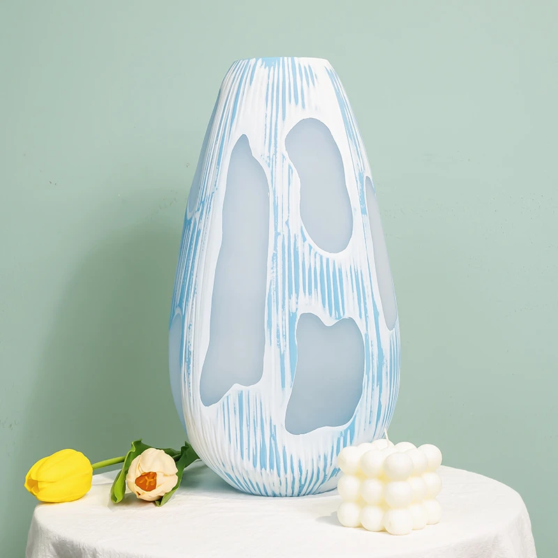 【甄选】时尚创意蓝白条纹透明窗户花瓶大号摆件客厅花器