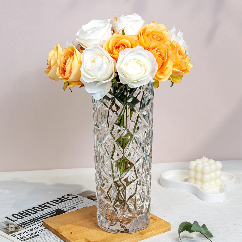 【甄选】欧式简约透明冰纹直筒水晶手工玻璃插花水培花瓶摆件