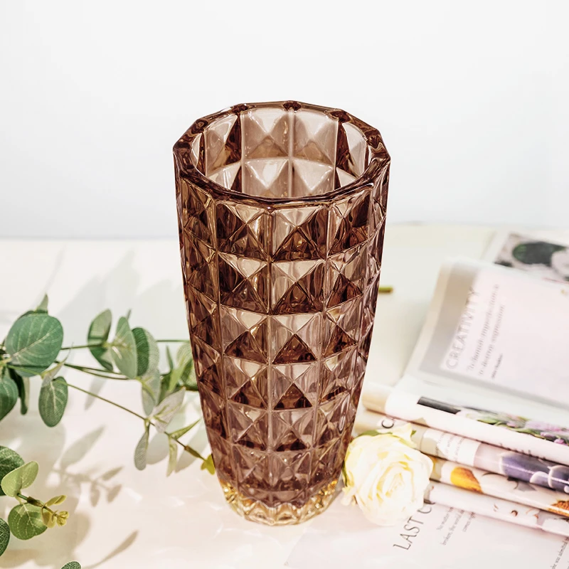 【甄选】欧式加厚钻石焦糖色玻璃花瓶富贵竹花瓶琉璃花瓶水瓶