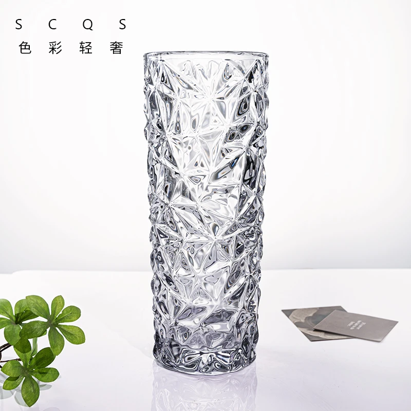 【甄选】简约钻石透明小号冰纹直筒水晶琉璃花瓶高级感家用玻璃花瓶