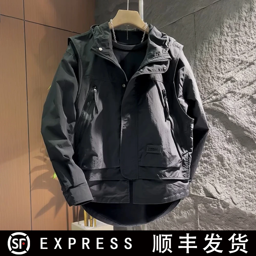 K129新款潮流休闲款时尚百搭宽松连帽假两件设计感夹克外套