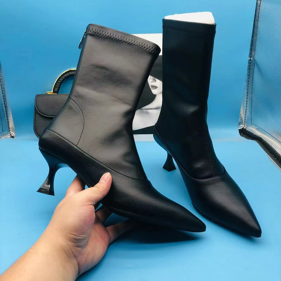 肥仔严选 736-2 黑色 秋冬百搭时尚潮流短靴复古中跟靴瘦瘦靴尖头