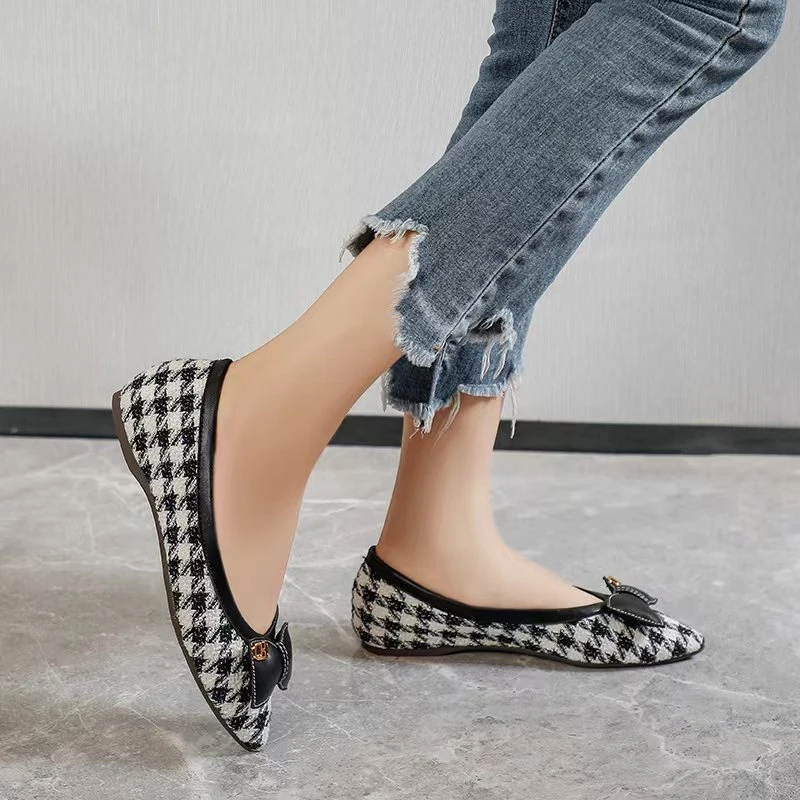 肥仔女鞋ZYL 1008 软底舒适尖头千鸟格 内增高平底单鞋