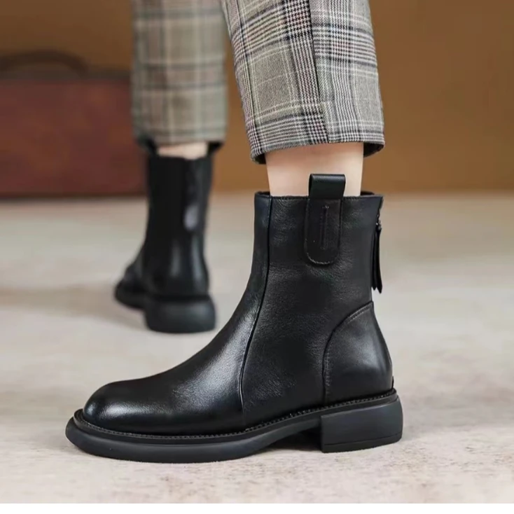 （猫耳朵）短靴588 黑色 秋冬气质方头时尚瘦瘦靴百搭真皮平跟短靴