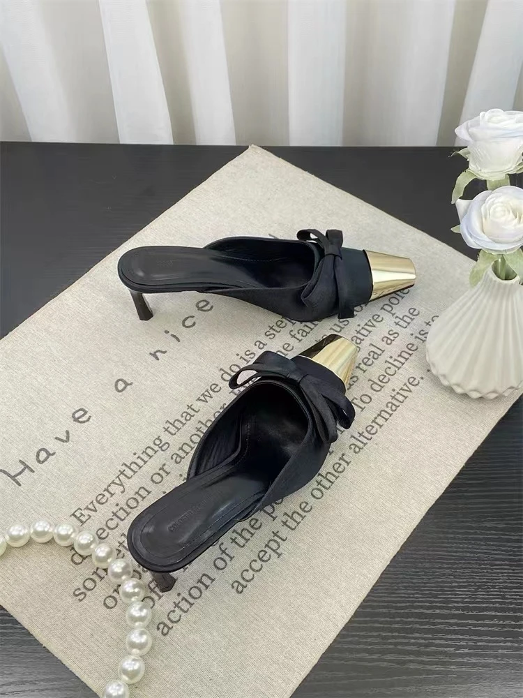 春夏新款 1533-3 爆款时尚设计感气质高跟金属方头女士半托拖鞋