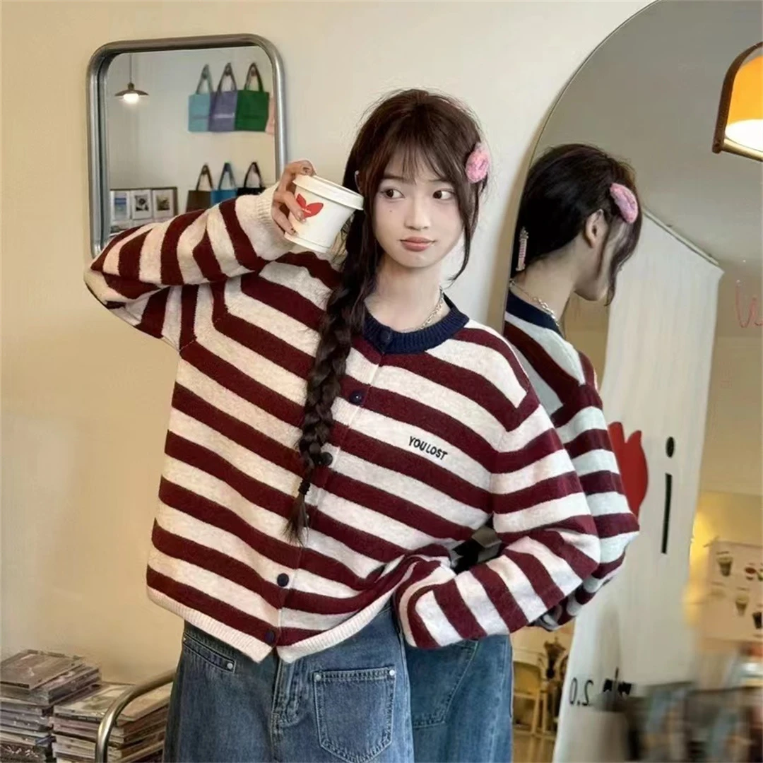 【雪菲专属】4269小众复古刺绣条纹开衫针织衫秋冬时尚宽松百搭1627