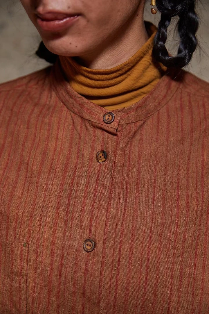 左岸迷香 Z24FW1003 原创设计 复古条纹 蚕丝棉混纺衬衫