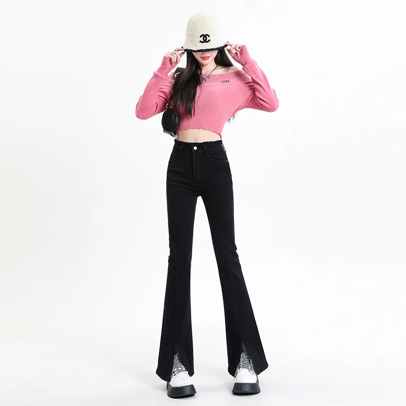 8008毛边开叉设计感韩系牛仔微喇叭裤 春秋百搭拖地裤 黑色复古蓝