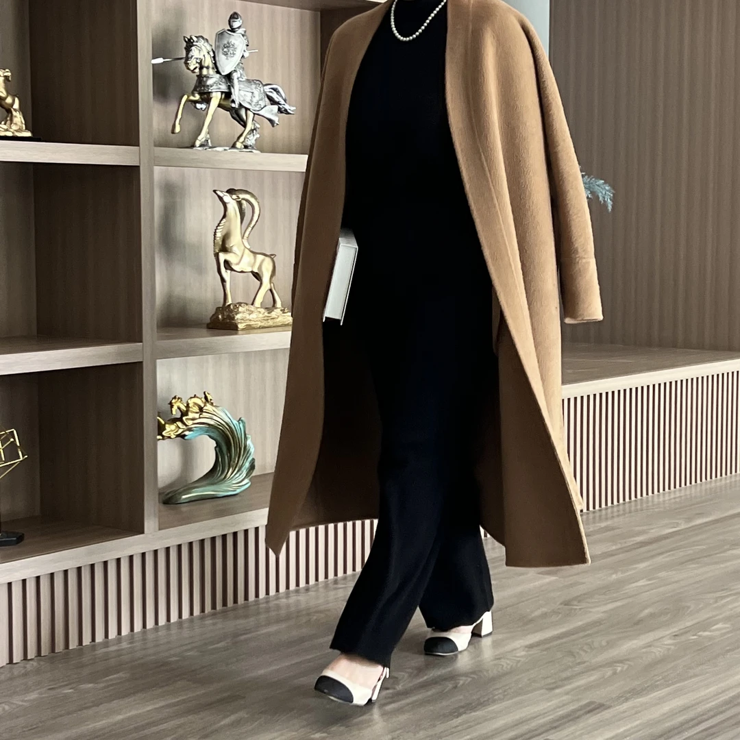 【新】锦驼家上新！100驼绒立领无扣腰带双面女士气质款百搭黑色