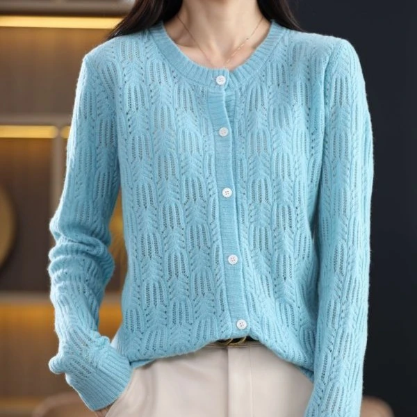 JT—8006春秋女士纯色针织开衫镂空圆领时尚气质百搭外套毛衣