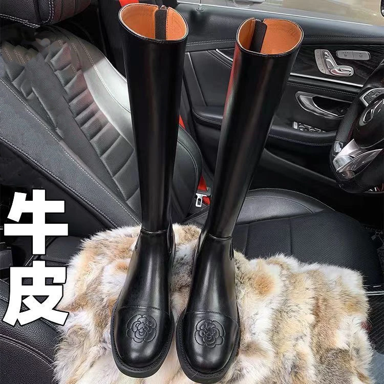 春季靴子女2025新款长筒靴辣妹炸街显腿细山茶花真皮高筒骑士靴女