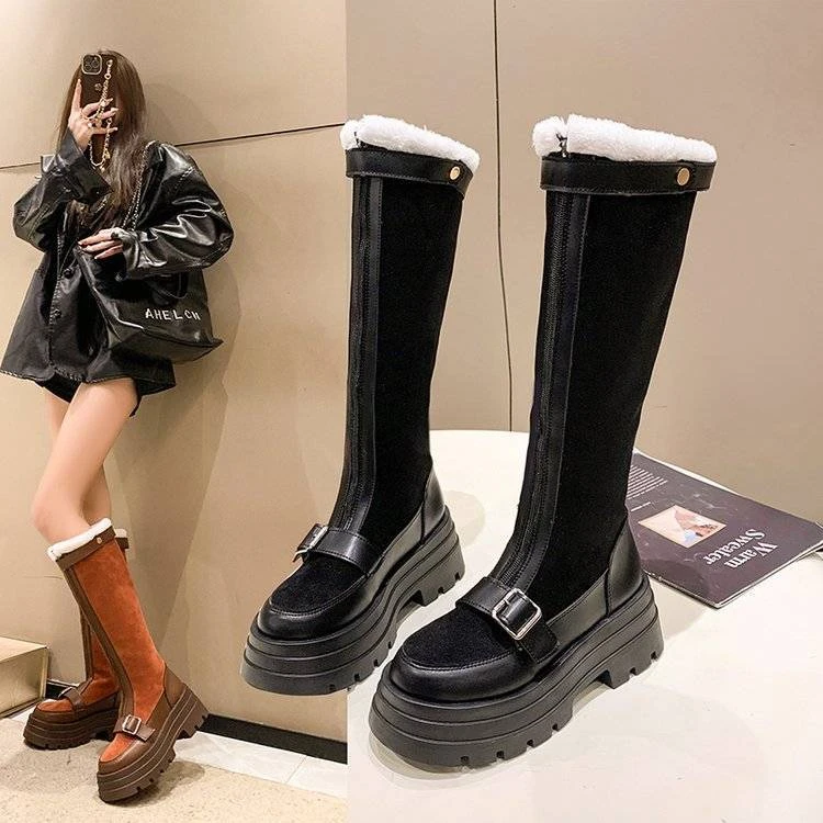时尚圆头厚底长筒靴女2023年冬季新款小众修脚舒适百搭毛毛时装靴