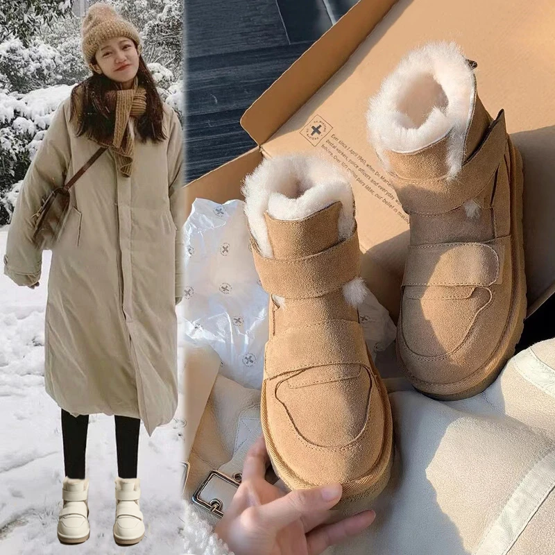 雪地靴女鞋冬季2023年新款懒人魔术贴防滑厚底加绒加厚保暖棉鞋女