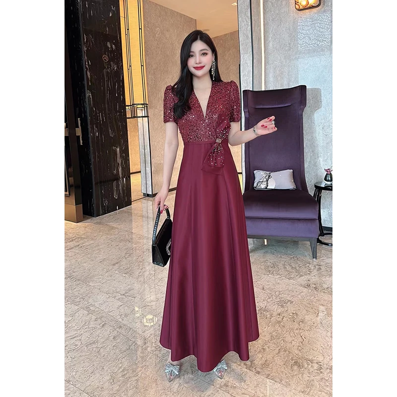 喜妈妈喜婆婆服装高贵婚宴酒红色气质长款结婚宴会百搭打底裙子