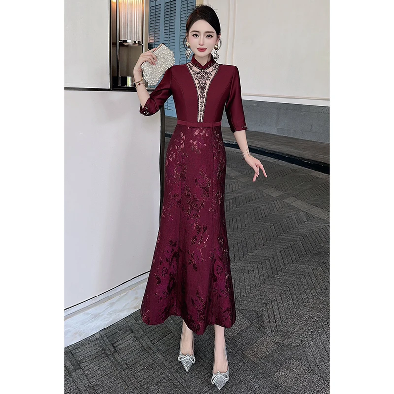 高定新中式喜婆婆婚礼宴会高级提花订钻礼服长裙优雅喜妈妈连衣裙