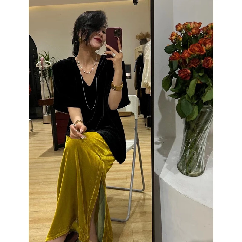 女总裁高端套装美业老板时尚洋气休闲宽松显瘦真丝丝绒两件套夏季