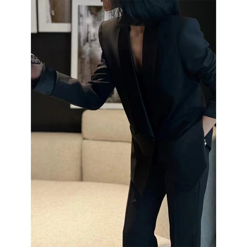 早秋法式设计缎领时尚黑色商务气质套装裤总裁女神范高级感两件套