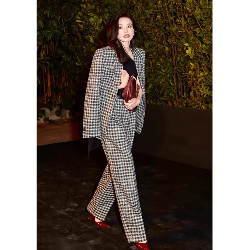 女总裁高端职业装法式名媛美业老板西装套装显瘦格纹西服套装裤