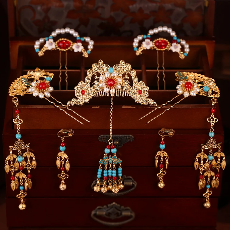 新娘新款中式大气发冠秀禾跟妆头饰汉服婚礼流苏发钗古装发饰套装