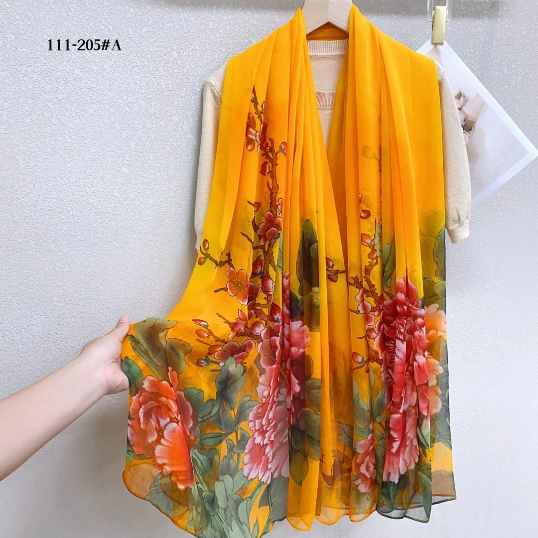 黄色花开富贵140*180四季可用旅游拍照防晒丝巾披肩时尚百搭洋气