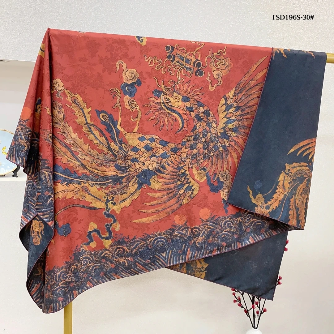 高定手卷边火红凤凰香云花萝大方巾双面双色披肩丝巾女复古新中式