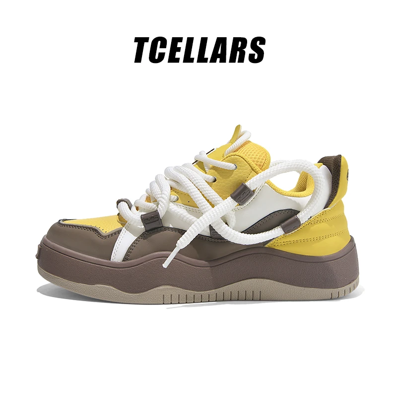 TCELLARS新款百搭潮流板鞋运动时尚休闲鞋厚底透气情侣鞋奶黄灰棕