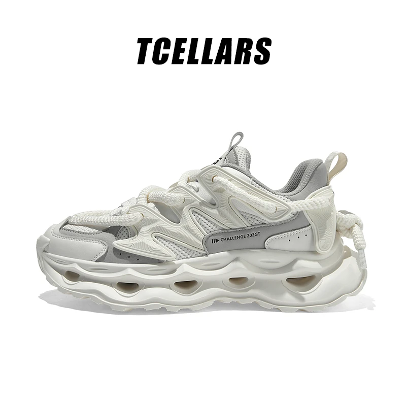 TCELLARS新款百搭潮流老爹鞋运动时尚休闲厚底透气男女同款卡其白