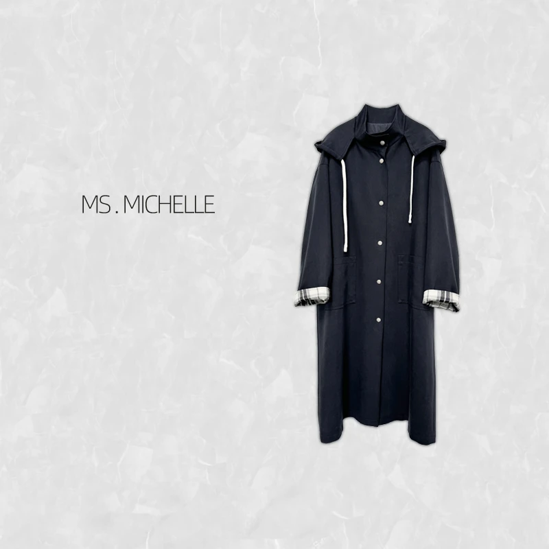 MS.MICHELLE 极简风宽松休闲藏青色连帽风衣外套9088
