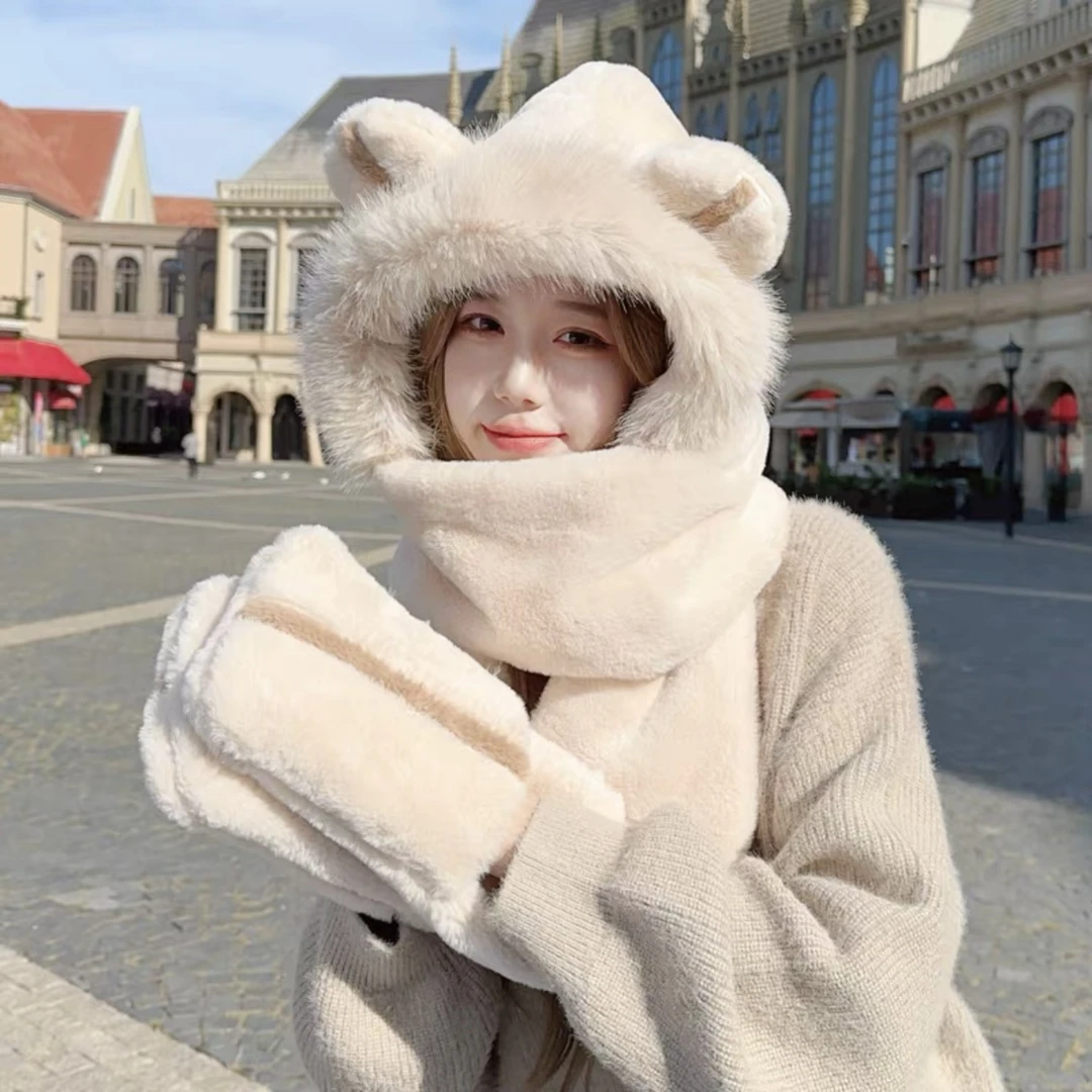 可爱小熊帽子围巾手套一体帽女冬天三件套加厚毛绒围脖骑车保暖帽