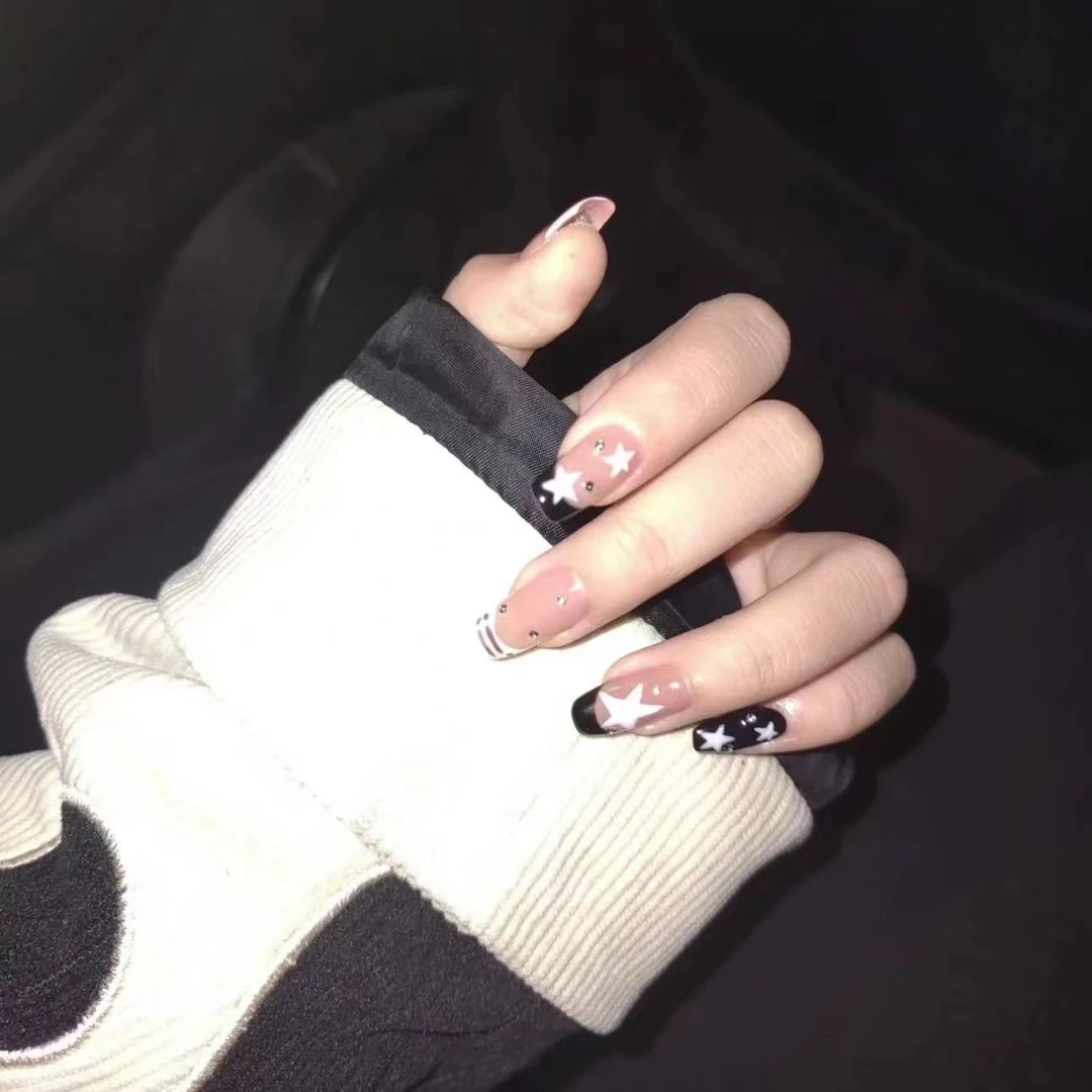 【水星记】辣目星星黑白镂空法式穿戴甲手工裸色气质美甲贴片可拆卸
