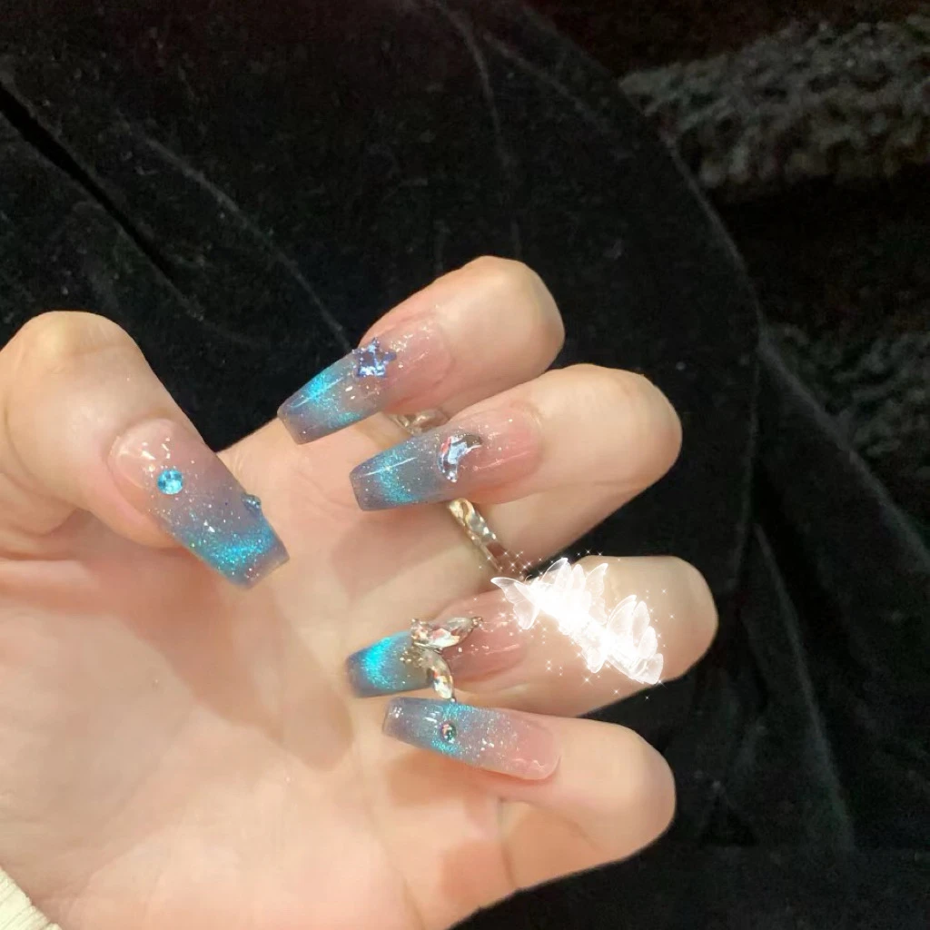 【水兵月】纯手工制作美甲夏日冰透蓝色显白气质猫眼蝴蝶穿戴甲