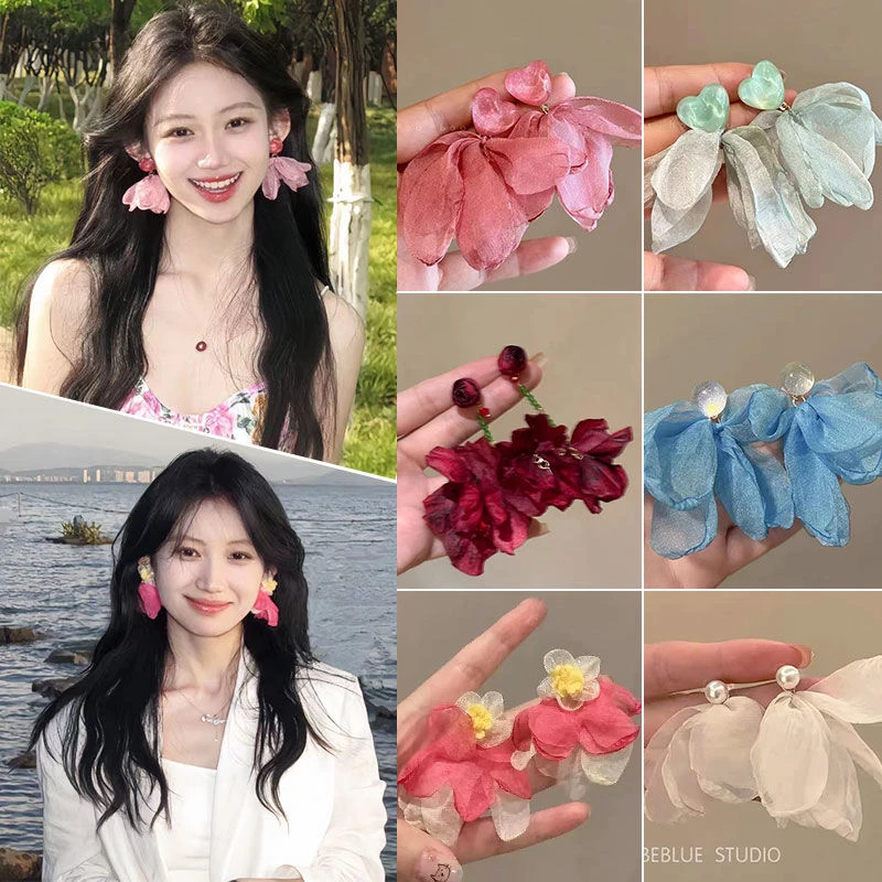 海边超仙氛围洋气雪纺耳钉小众设计高级耳环温柔气质度假耳饰