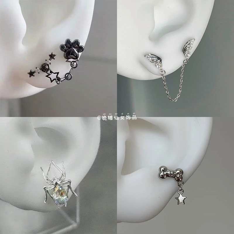 Orange Sea暗黑系猫爪星星链条双耳洞耳钉甜酷个性耳骨链耳环
