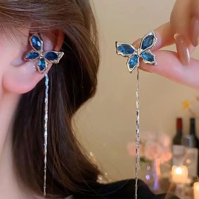 蓝色蝴蝶耳骨夹无耳洞复古法式轻奢高级感小众耳饰新款