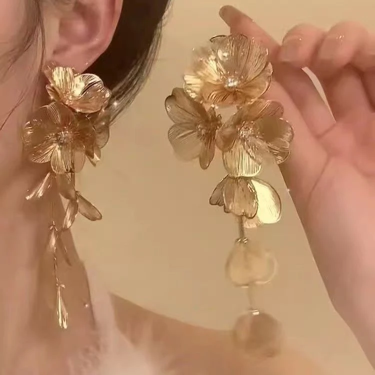 合金耳饰 玫瑰花朵长款耳环女时尚个性夸张设计感圆脸显瘦耳饰