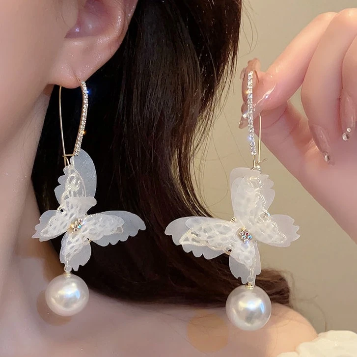 甜美网纱蝴蝶耳环超仙时尚独特设计感耳坠长款耳饰女