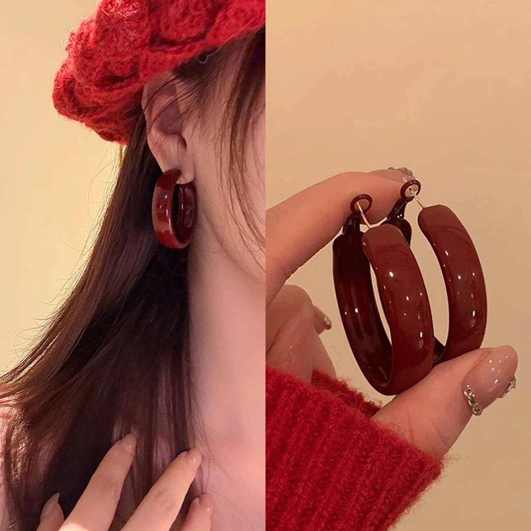 秋冬安可拉红气质宽边耳环女时尚显脸小大耳圈圆圈耳钉耳饰