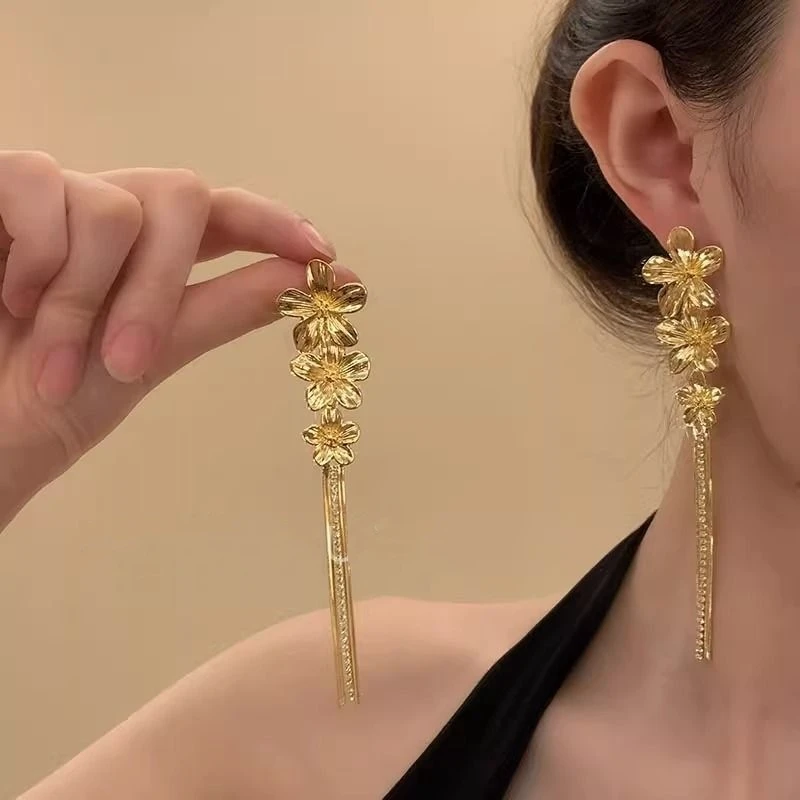 日落金花~法式复古金色花朵长流苏耳环女轻奢小众高级感耳钉耳饰