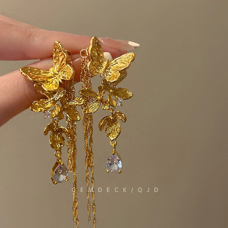 合金耳饰 这款我爱了24新款金色质感流苏显瘦两戴式浪漫蝴蝶花朵