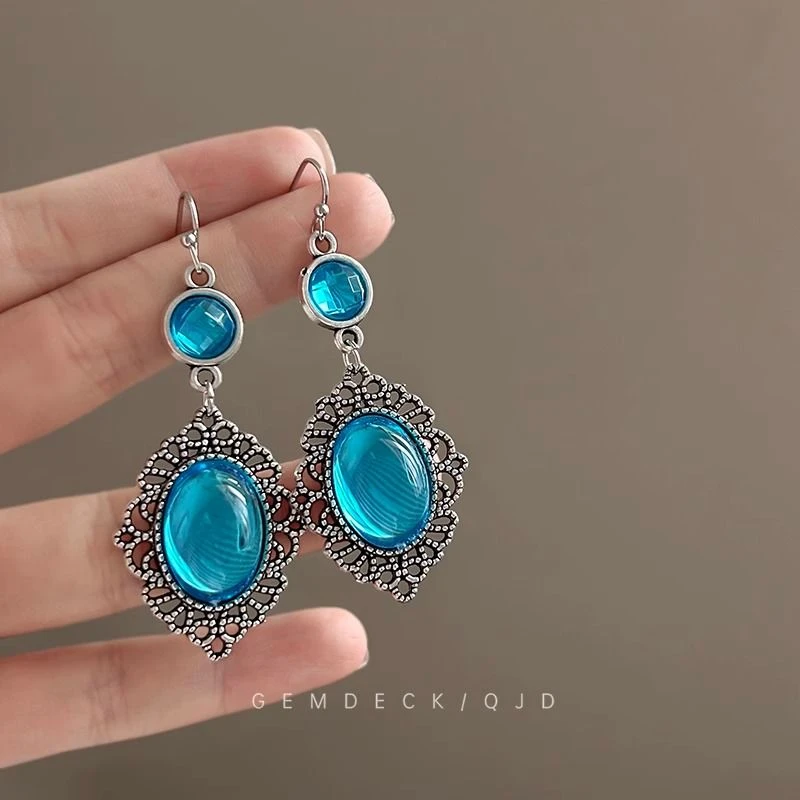 贵气感复古湖蓝色宫廷耳环中古夸张轻奢民族风耳坠女气质时尚耳饰