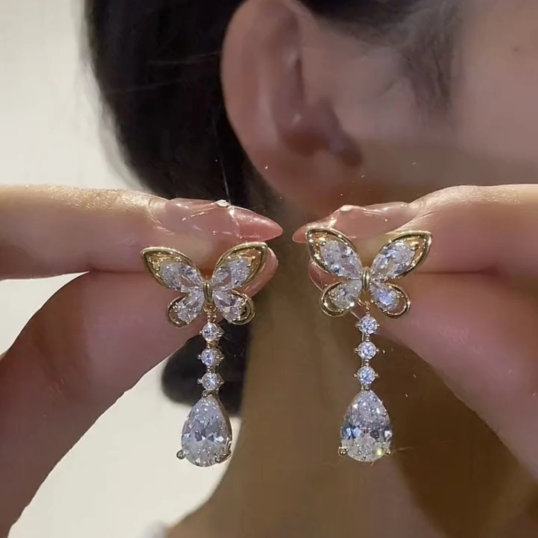 蝴蝶耳环女2024新款气质水滴流苏耳坠轻奢小众设计感耳钉