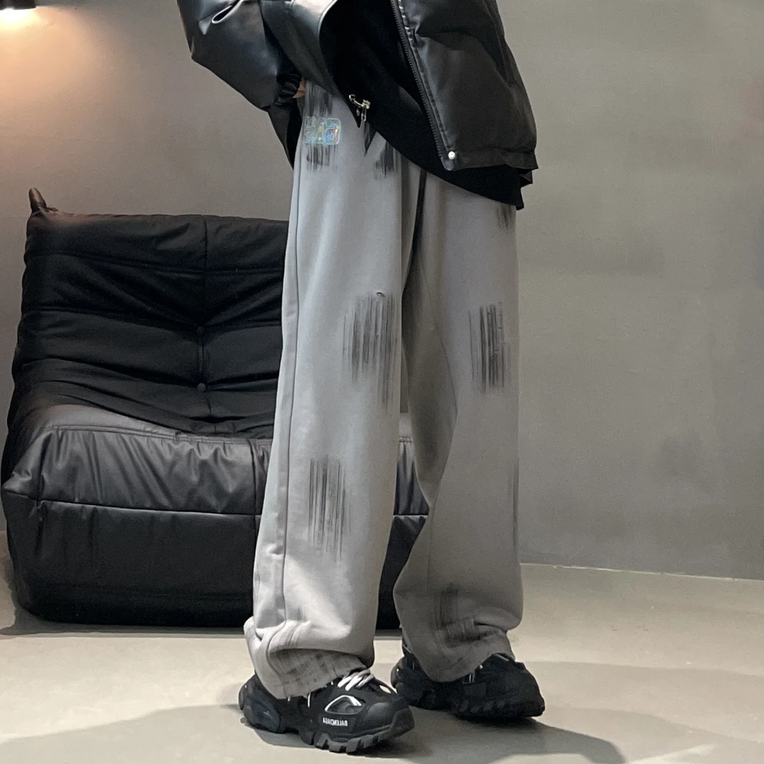 秋冬新款重磅手绘毛圈卫裤男女同款破洞脏脏裤阔腿宽松拖地裤潮牌