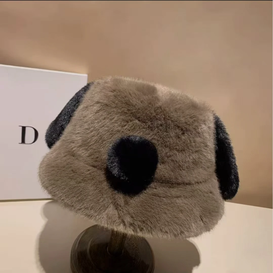 可爱小狗毛绒帽子女2024秋冬新款日系百搭显脸小薄软渔夫帽简约