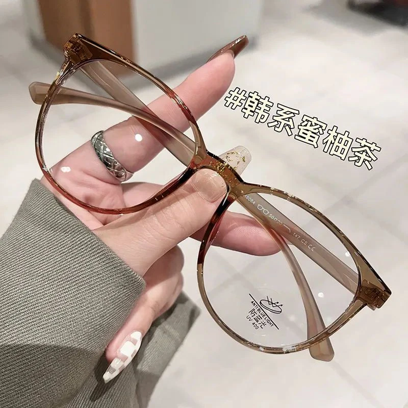 韩系超轻椭圆框近视眼镜女茶色素颜方圆脸显小可配有度数平光眼睛