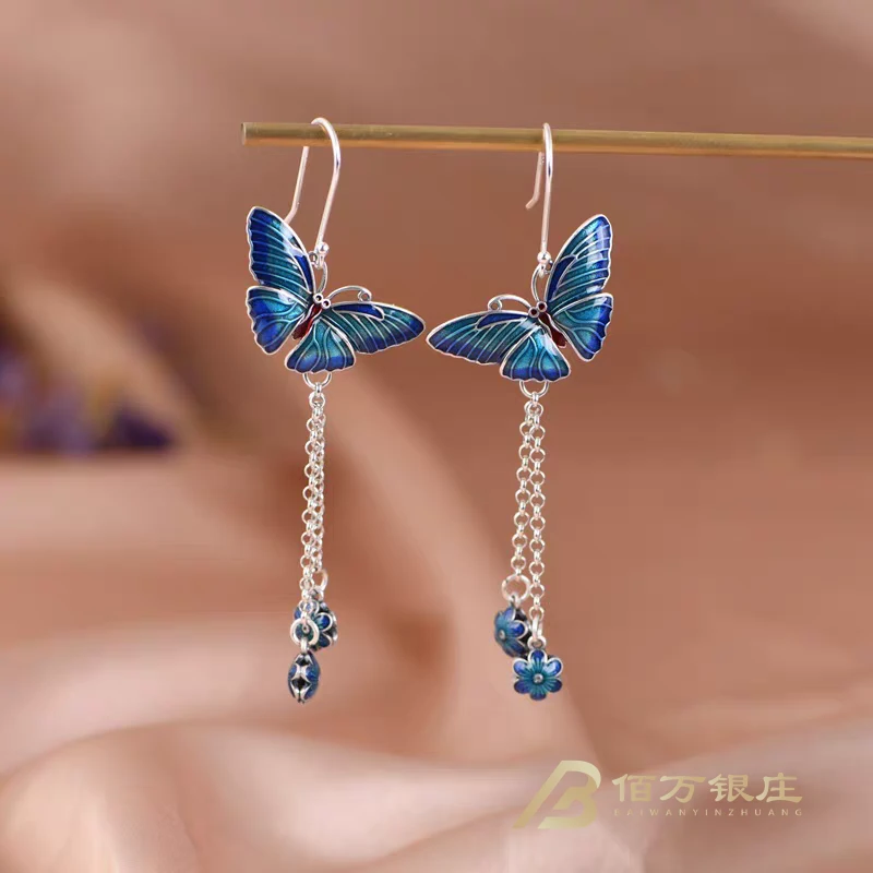 925银耳饰 【佰万银庄】珐琅彩手工流苏蝴蝶耳坠气质百搭复古国风