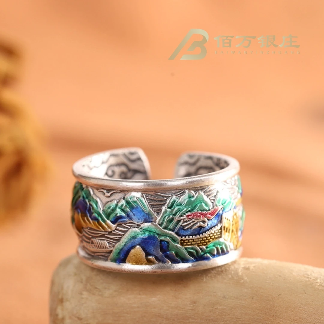 足银戒指 【佰万银庄】江山如画宽版戒指重工烧蓝做旧纯手工复古