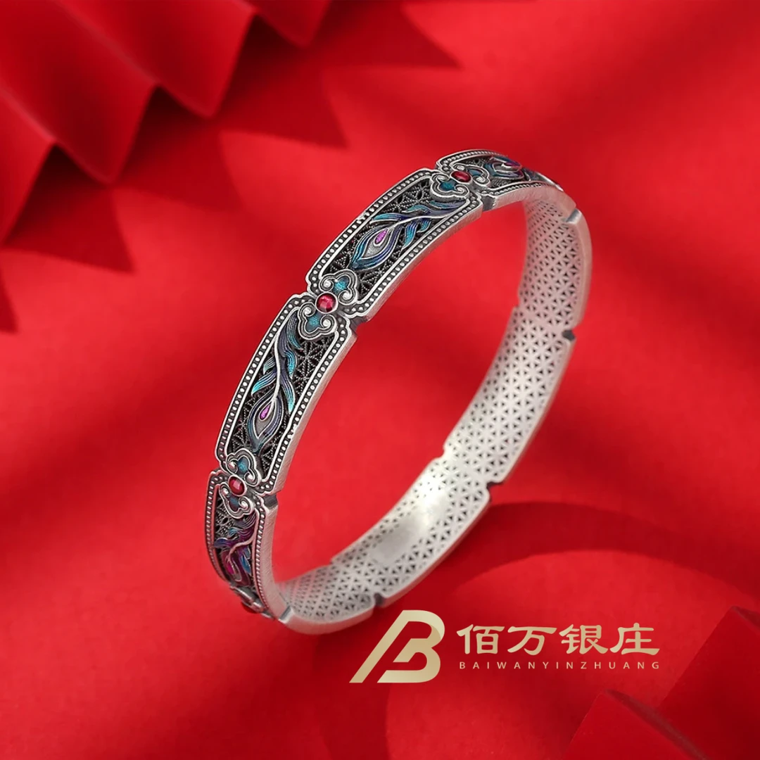 足银手镯 【佰万银庄】珐琅彩足银凤凰羽毛手镯气质复古精美古风