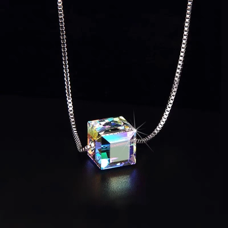链子925银 极光方糖水晶925纯银项链ins女生韩版个性锁骨链时尚