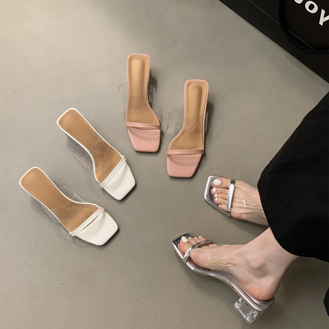 水晶粗跟拖鞋2024年新款女夏季外穿韩版法式仙女晚风气质一字凉拖