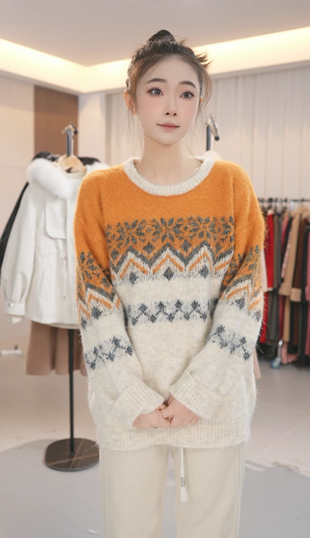 慵懒风雪花撞色绵羊毛麻花针织毛衣拼色圆领秋冬复古花纹外套上衣